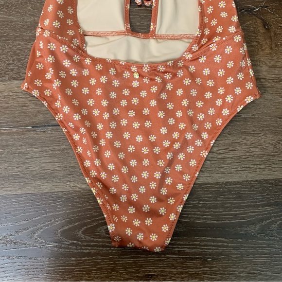 Victoria’s Secret Womens orange rusty Daisy print plunge tie neck one piece swim - Picture 6 of 11